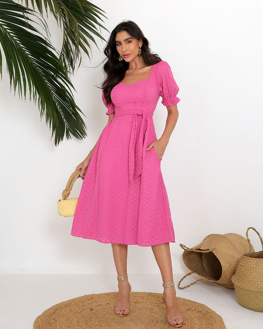 Miss Misses - Miss Misses Midi Princess Sleeve Dress With Pink Sash - 54130ROSA