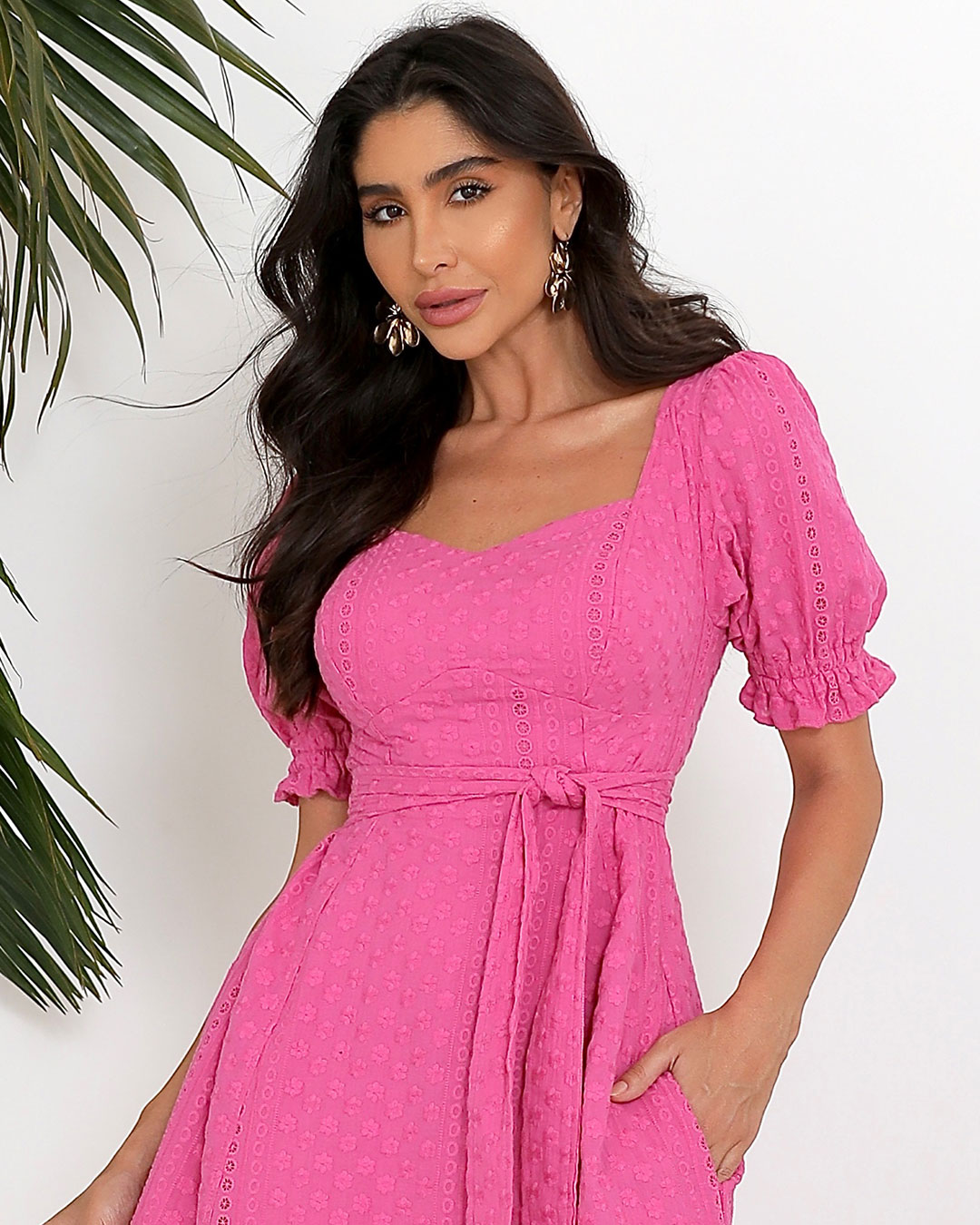 Miss Misses - Miss Misses Midi Princess Sleeve Dress With Pink Sash - 54130ROSA