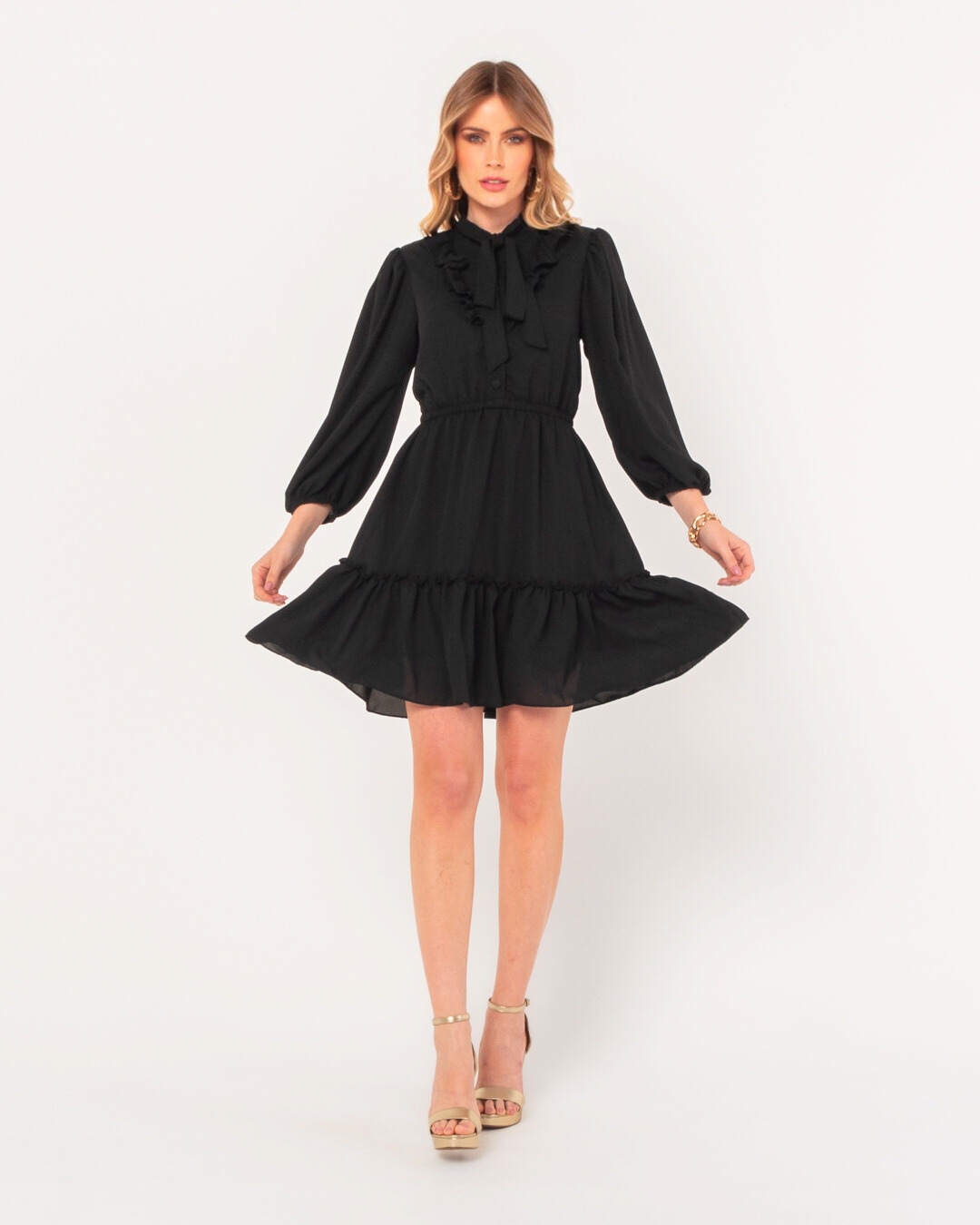 Miss Misses - Dress Miss Misses Crepe Puff Sleeve Frill Black - 54098PRETO