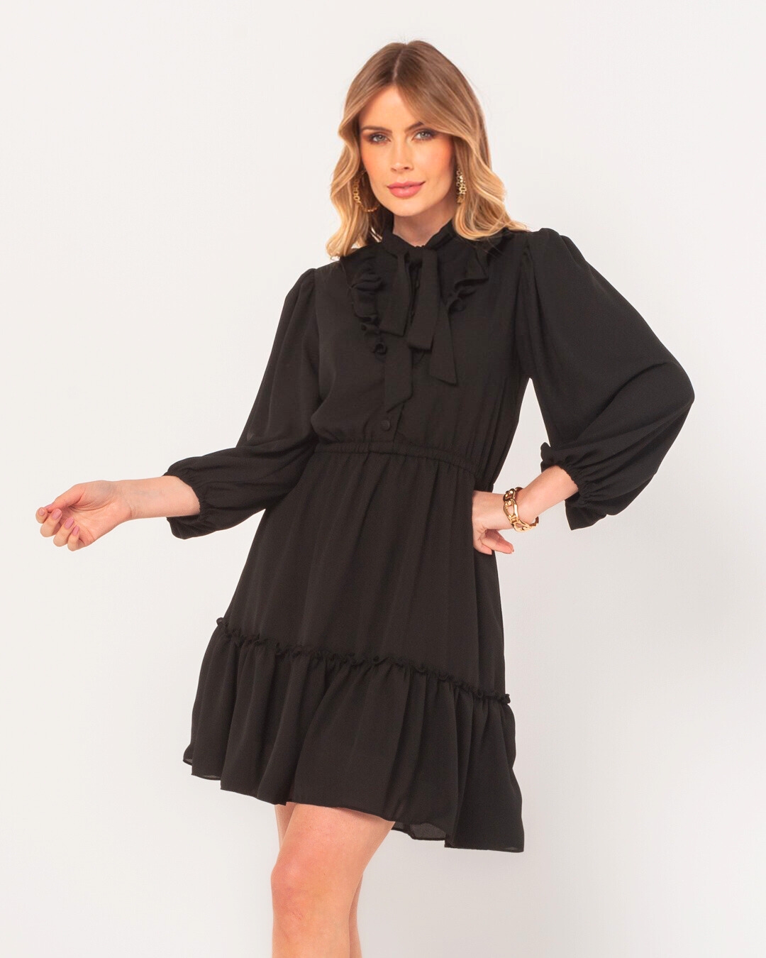 Miss Misses - Vestido Miss Misses Crepe Manga Bufante Babado Preto - 54098PRETO