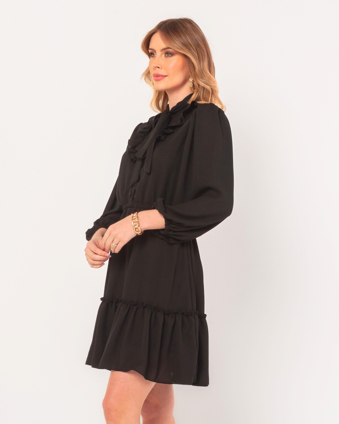 Miss Misses - Dress Miss Misses Crepe Puff Sleeve Frill Black - 54098PRETO