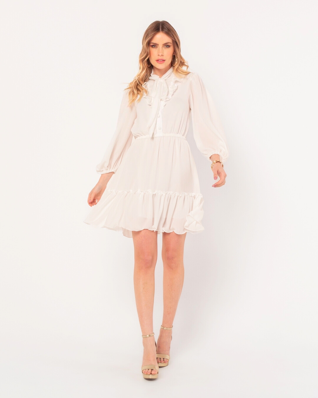 Miss Misses - Vestido Miss Misses Crepe Manga Bufante Babado Off White - 54098OFF