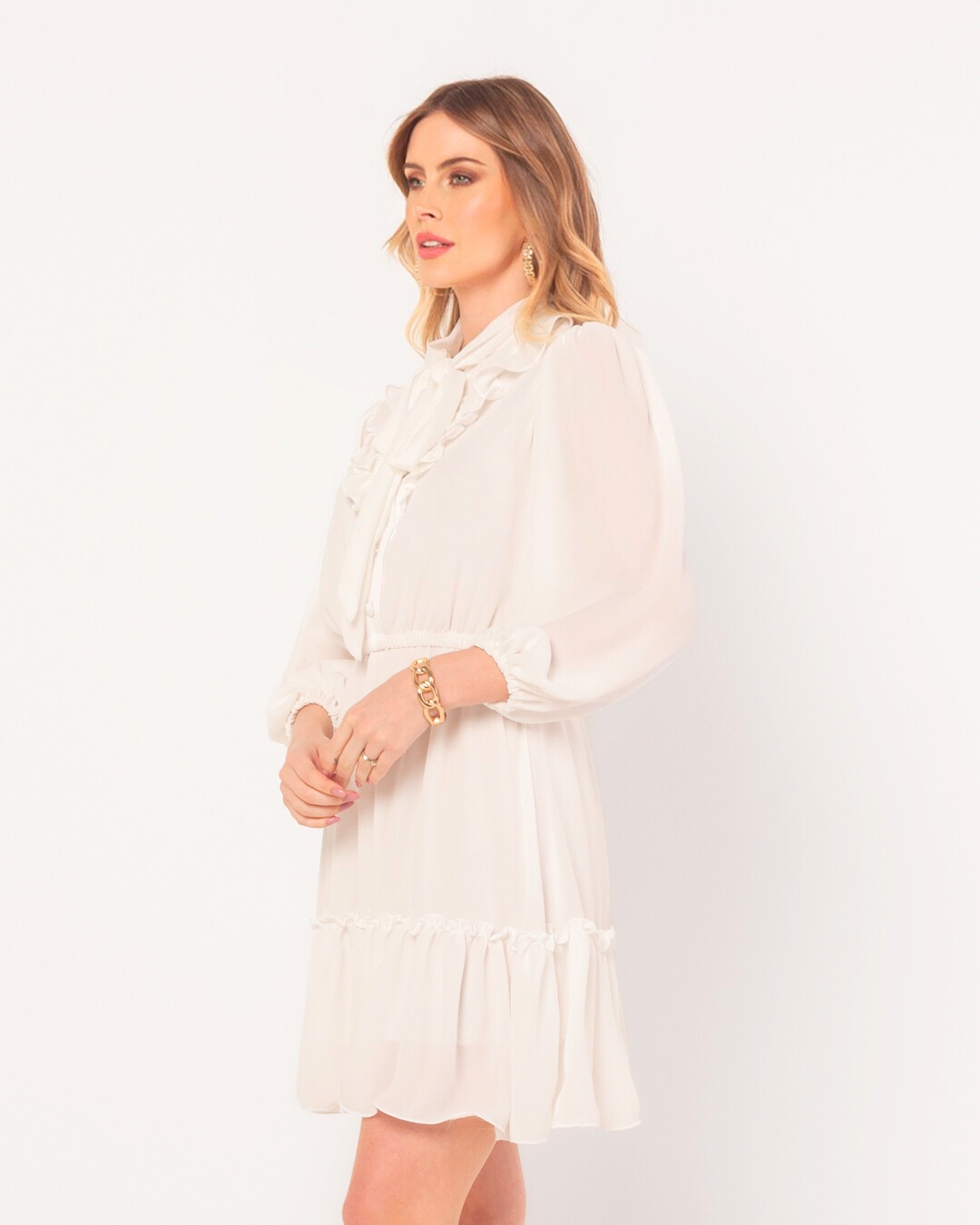 Miss Misses - Vestido Miss Misses Crepe Manga Bufante Babado Off White - 54098OFF