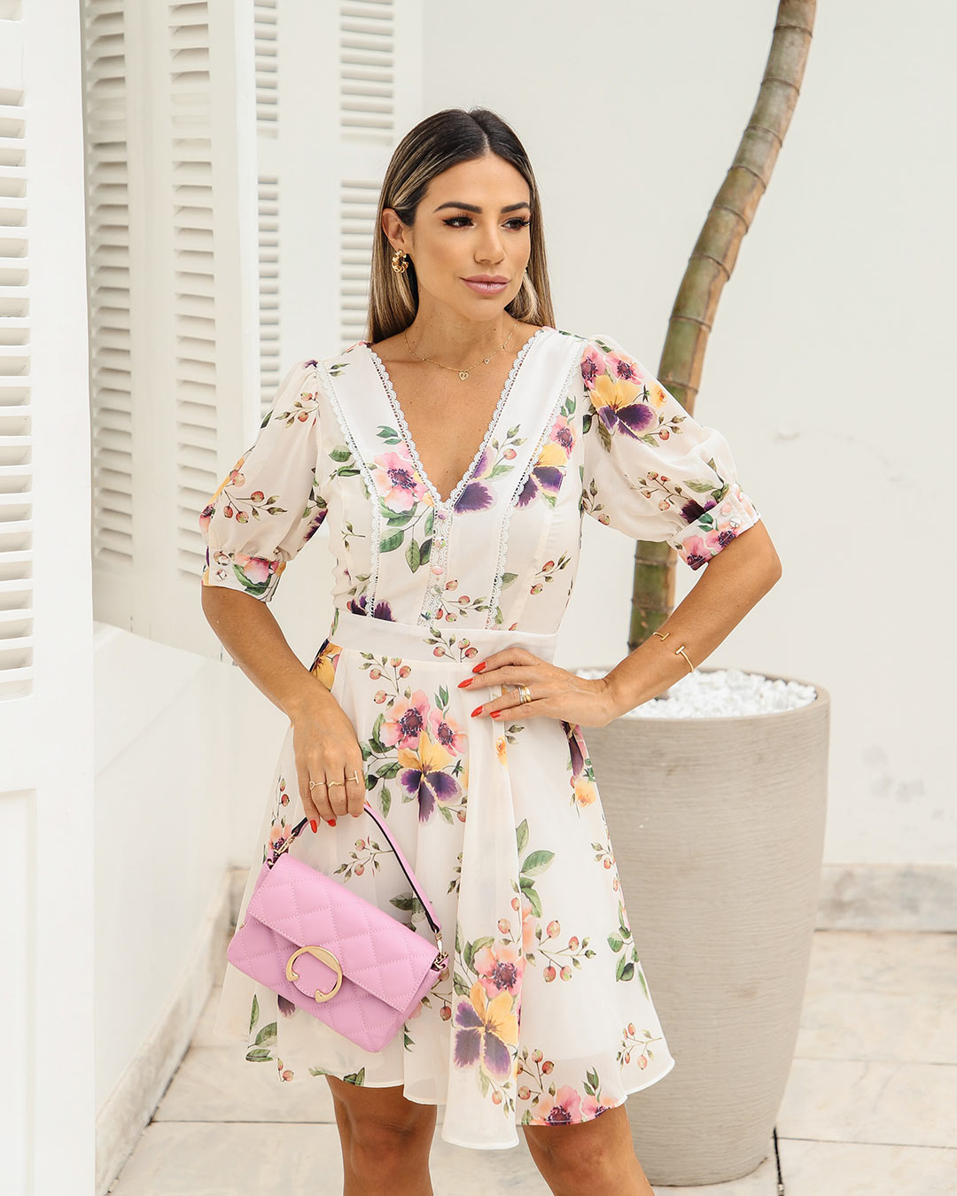 Miss Misses - Vestido Miss Misses Chiffon Estampado com Guipir - 54119BEGE