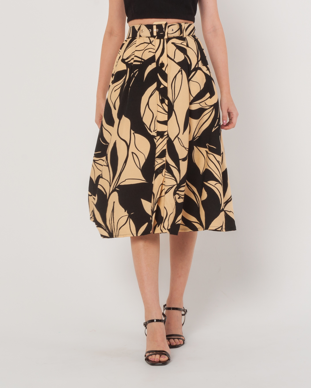 Miss Misses - Skirt Miss Misses Printed Midi With Belt Black - 54093BEGE