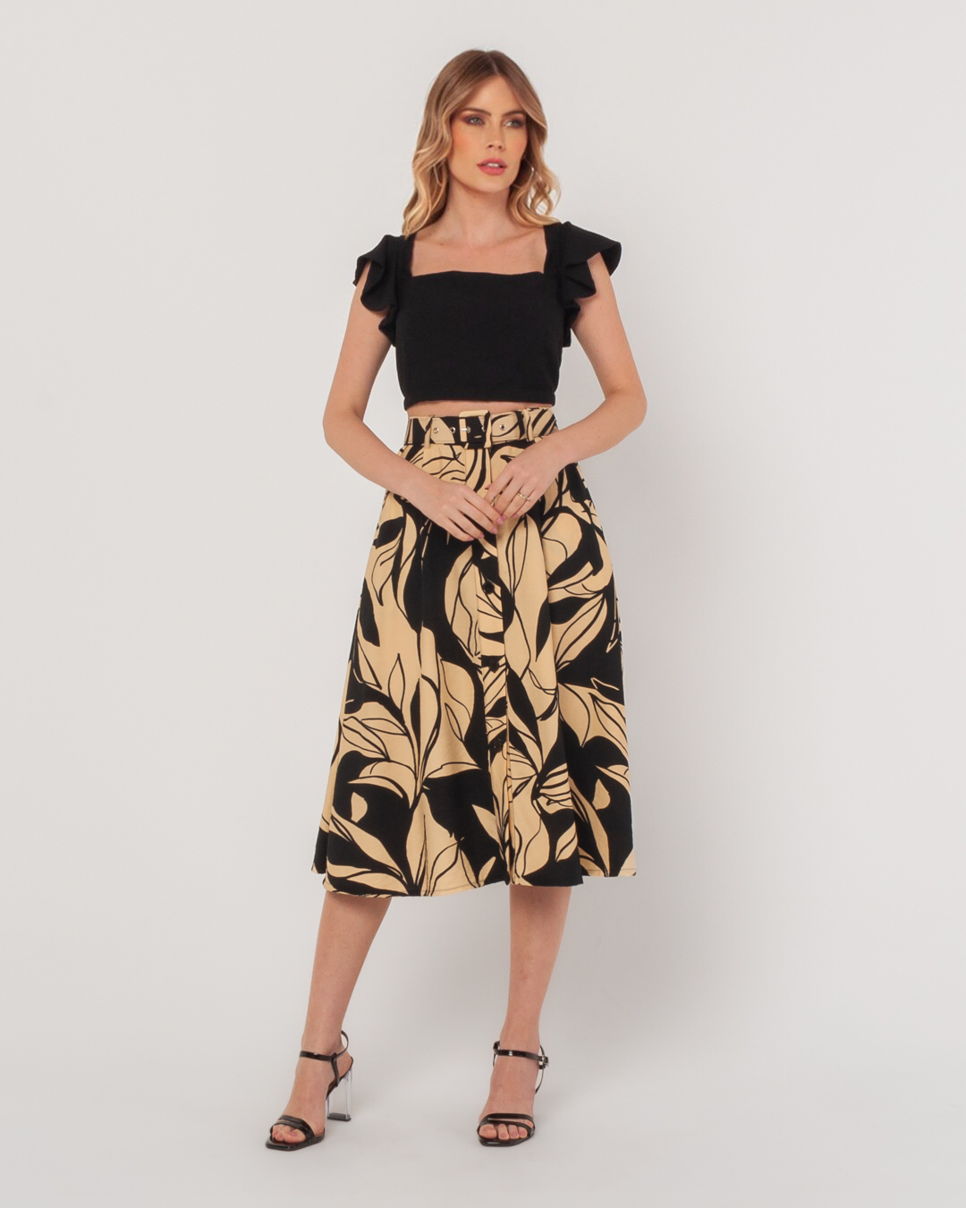 Miss Misses - Saia Miss Misses Midi Estampado Com Cinto Preto - 54093BEGE