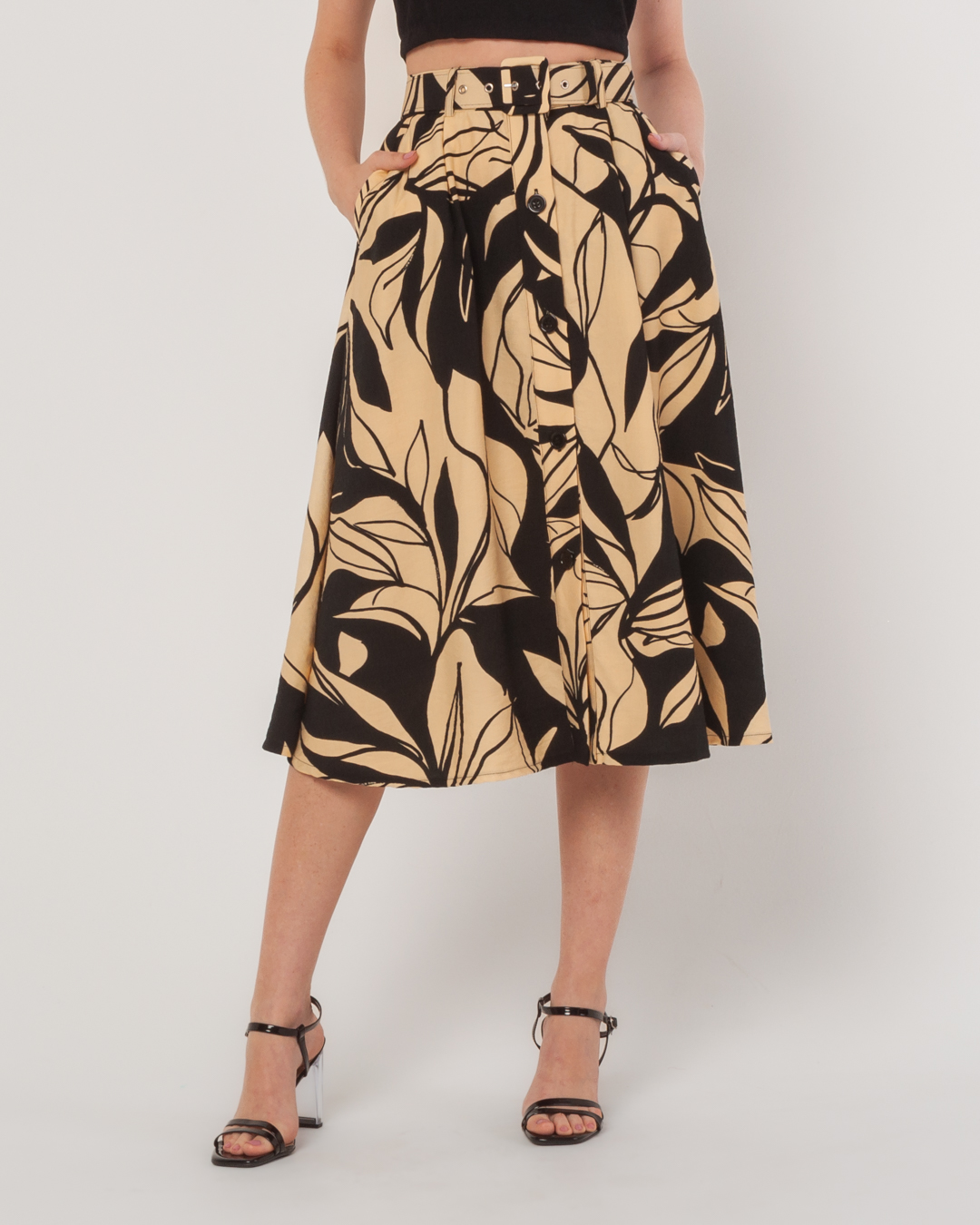 Miss Misses - Skirt Miss Misses Printed Midi With Belt Black - 54093BEGE