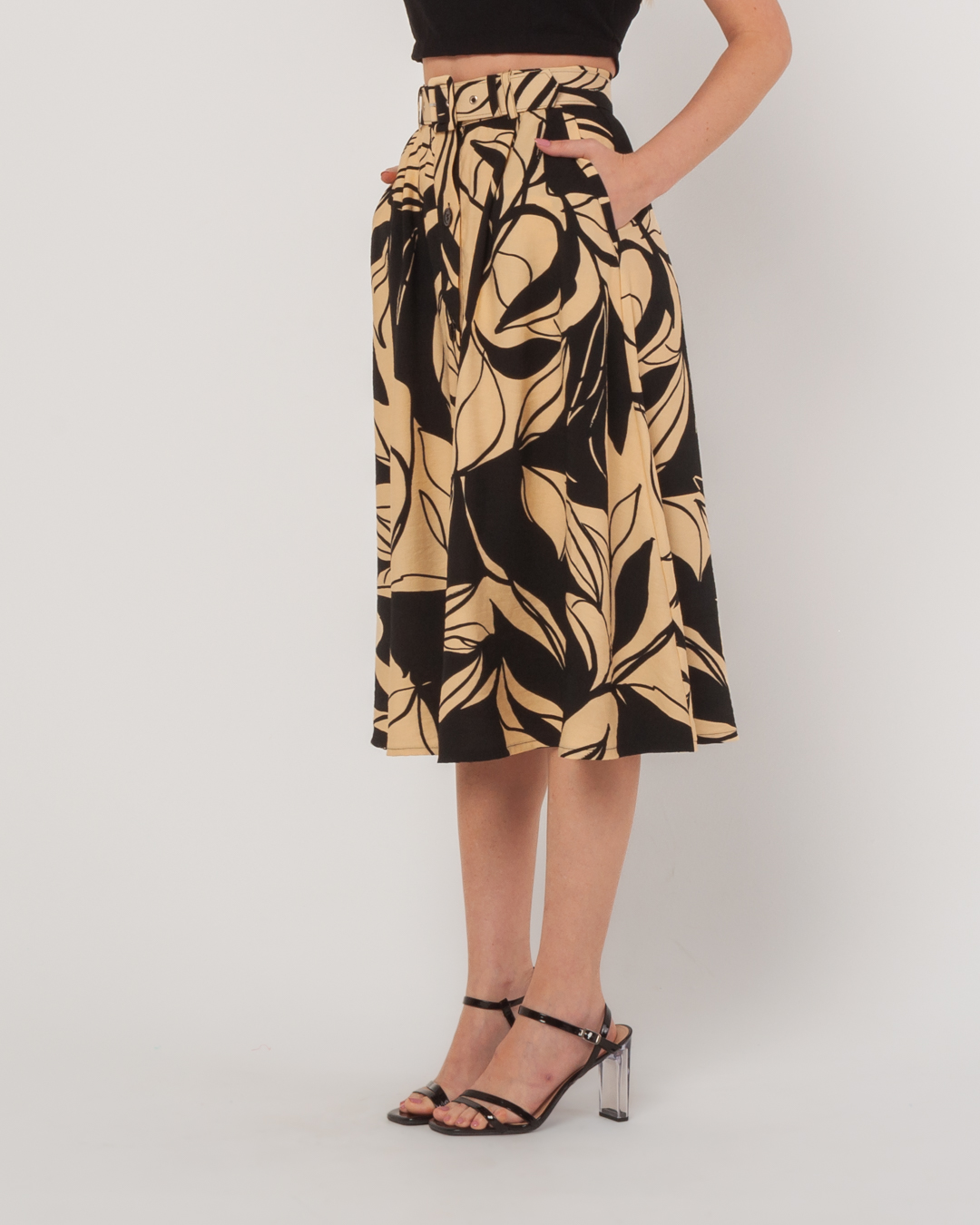 Miss Misses - Saia Miss Misses Midi Estampado Com Cinto Preto - 54093BEGE