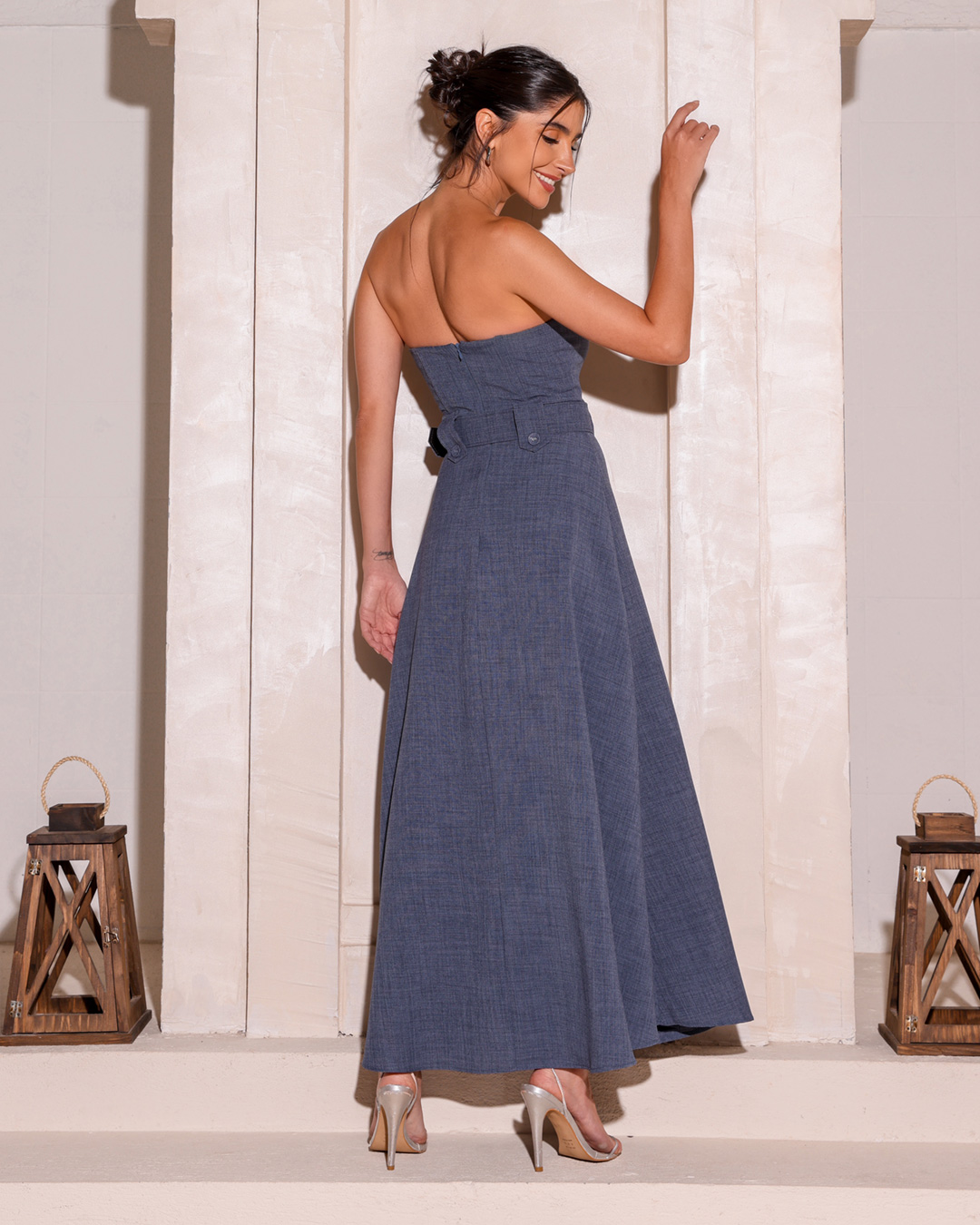 Dot Clothing - Vestido Dot Clothing Midi com Cinto Azul Jeans - 2173AZUL