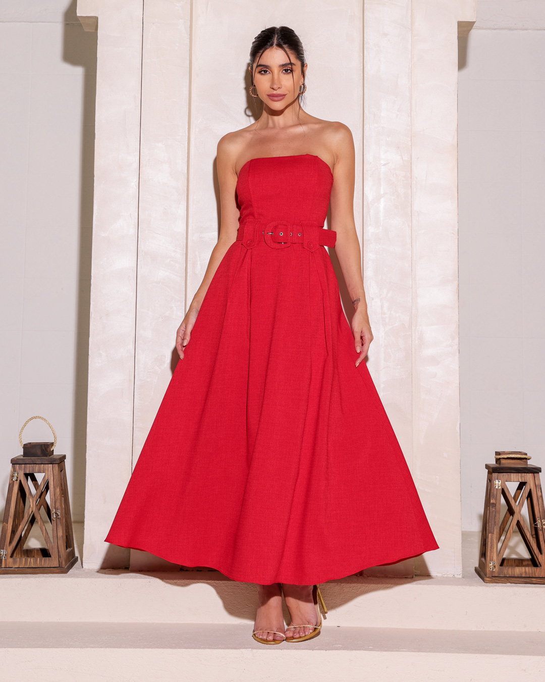 Dot Clothing - Vestido Dot Clothing Midi com Cinto Vermelho - 2173VERMELHO