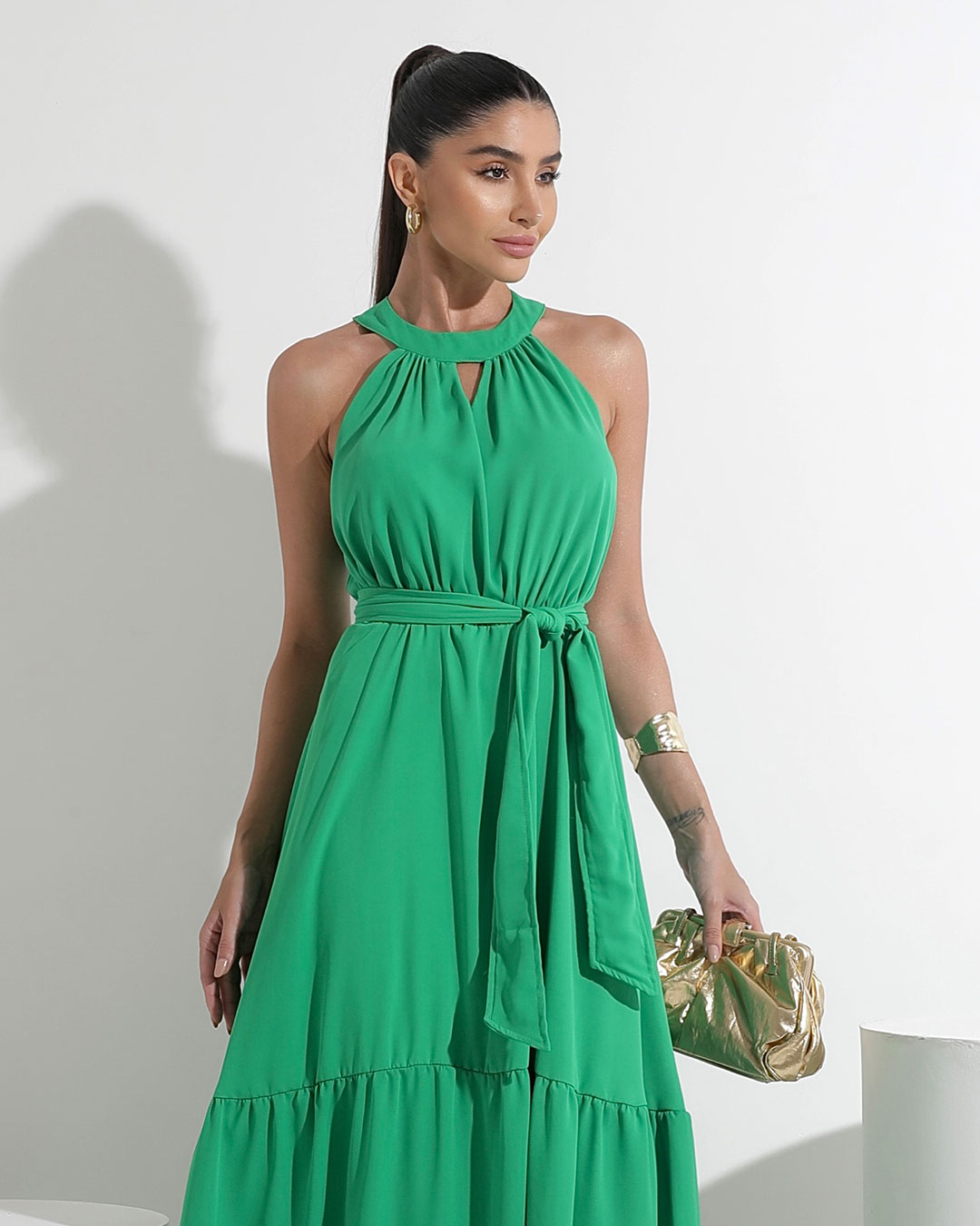 Miss Misses - Vestido Miss Misses Midi Liso Chiffon Verde - 54182VERDE