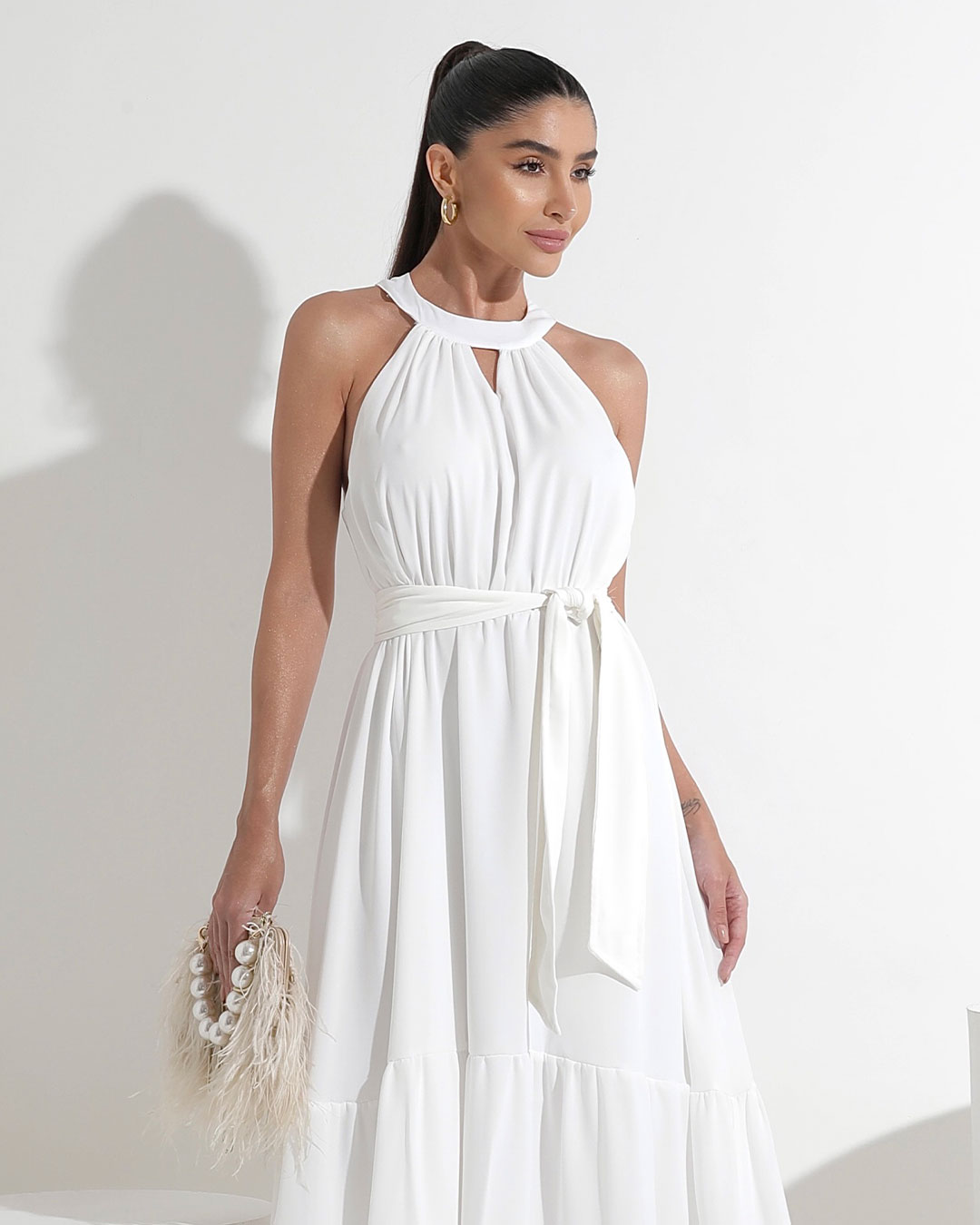 Miss Misses - Vestido Miss Misses Midi Liso Chiffon Off White - 54182OFF