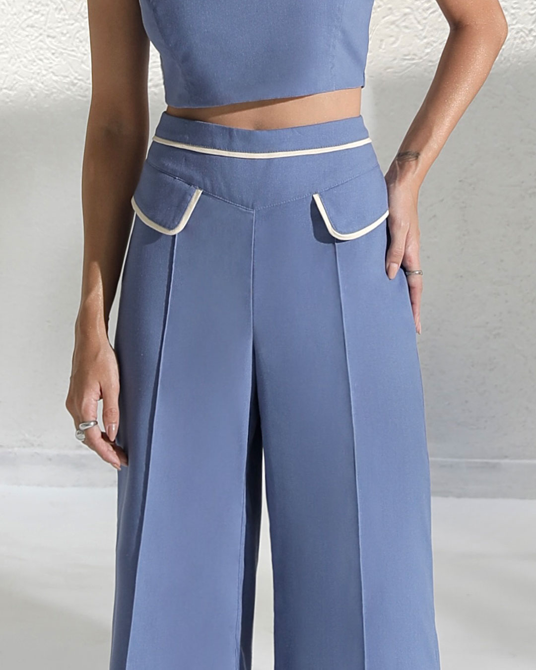 Miss Misses - Miss Misses Linen Pants With Blue Frizo Detail - 54190002