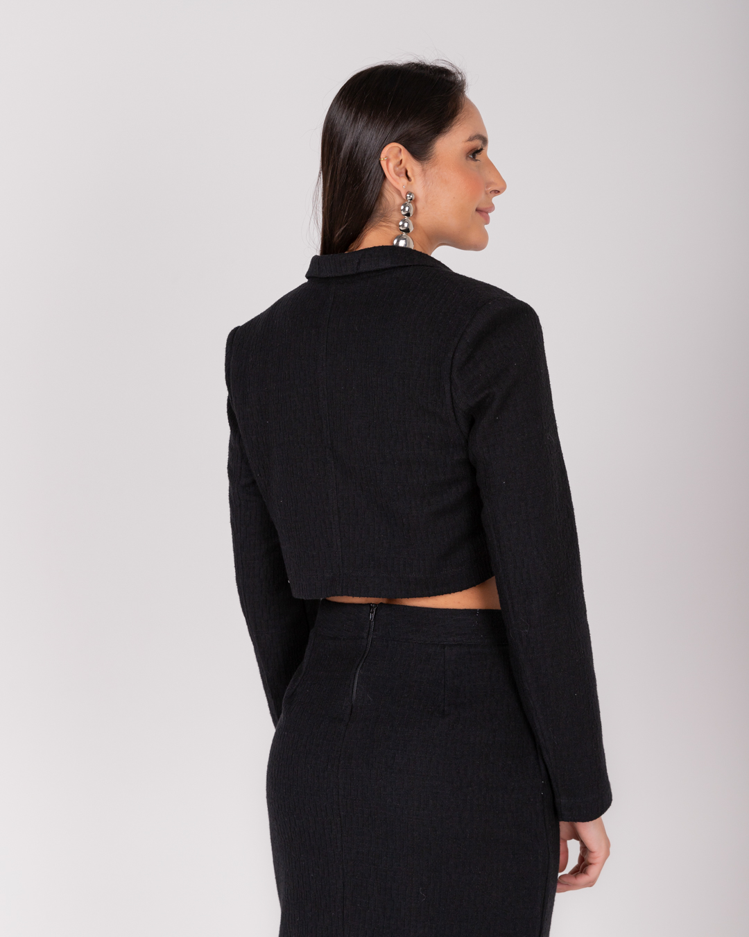 Miss Misses - Miss Misses Cropped Button Tweed Jacket Black - 54057PRETO