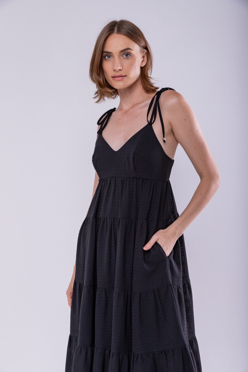 Hidrogênio - BLACK MIDI DRESS WITH TIE STRAPS - 19894001