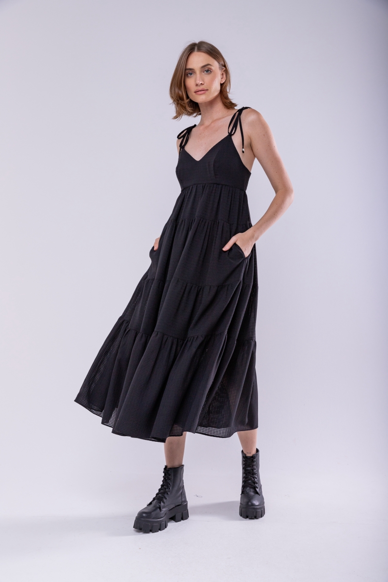 Hidrogênio - BLACK MIDI DRESS WITH TIE STRAPS - 19894001