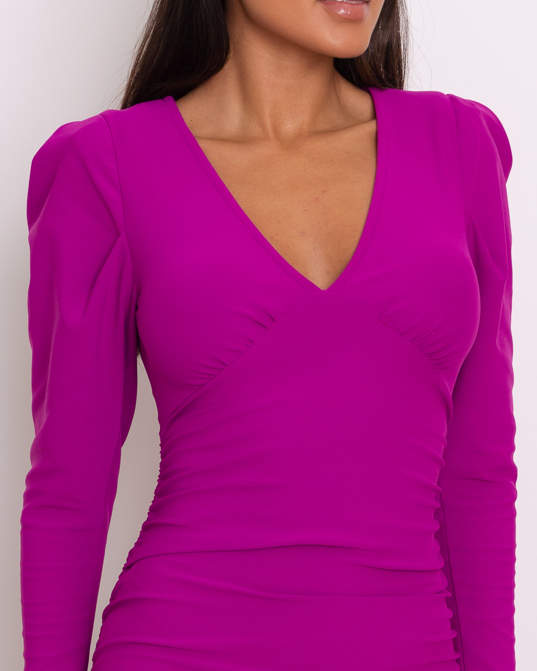 Miss Misses - Dress Miss Misses Ruched With V-Neck Long Sleeve Fuchsia - 18831FUCSIA