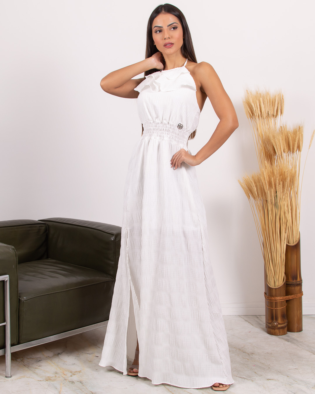 Miss Misses - Miss Misses Long Dress with Slit and frills Off-White - 18626OFF