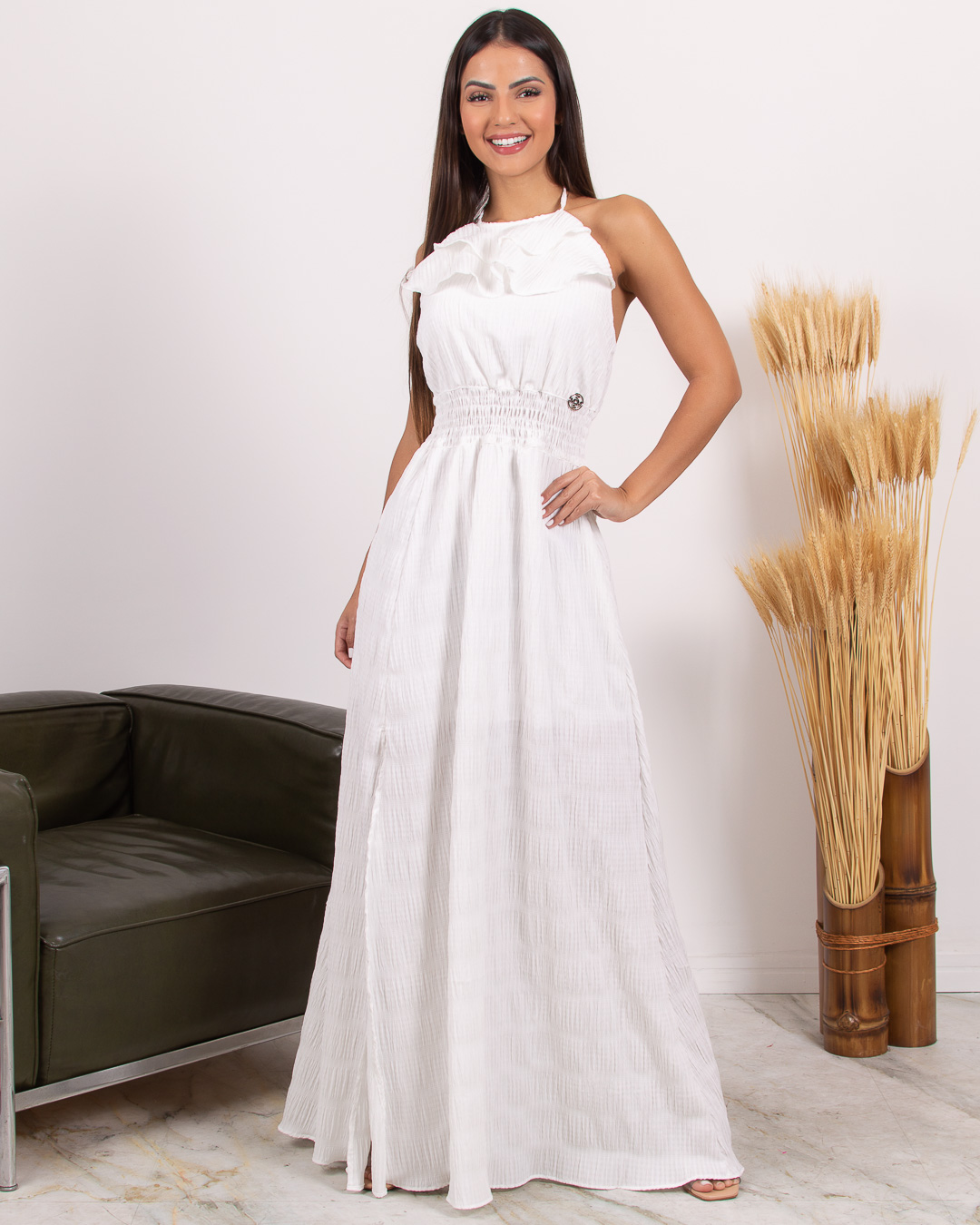 Miss Misses - Miss Misses Long Dress with Slit and frills Off-White - 18626OFF