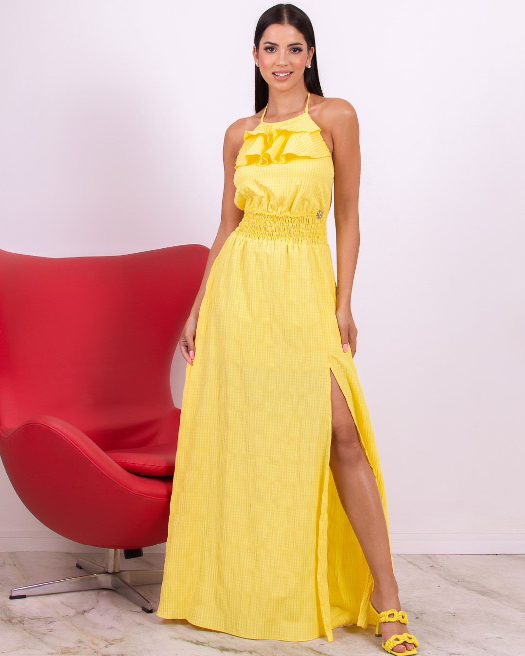 Miss Misses - Vestido Miss Misses Longo com Fenda e Babados Amarelo - 18626AMARELO