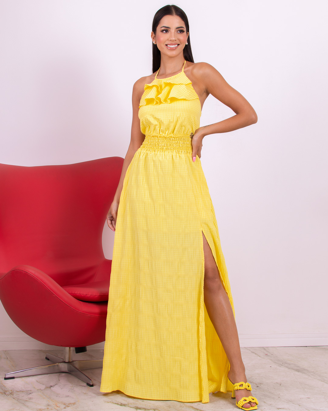 Miss Misses - Vestido Miss Misses Longo com Fenda e Babados Amarelo - 18626AMARELO