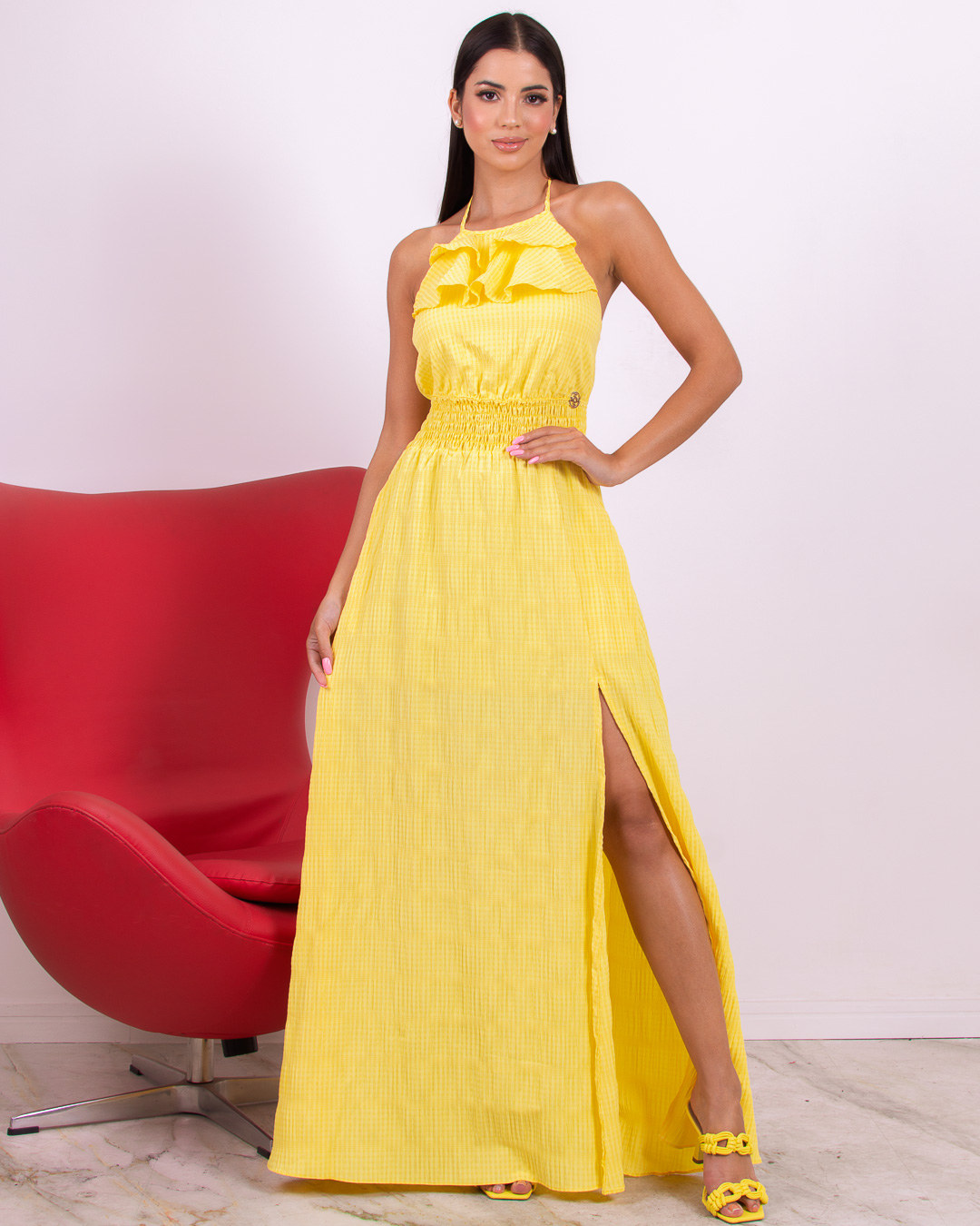 Miss Misses - Vestido Miss Misses Longo com Fenda e Babados Amarelo - 18626AMARELO