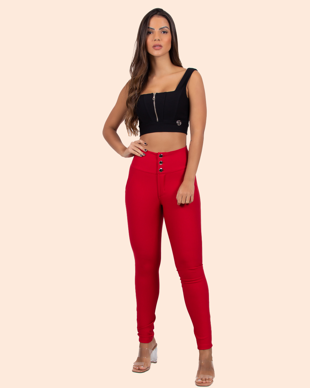 Miss Misses - Miss Misses Pants With Wide Waistband and Buttons Red - 18560VERMELHO