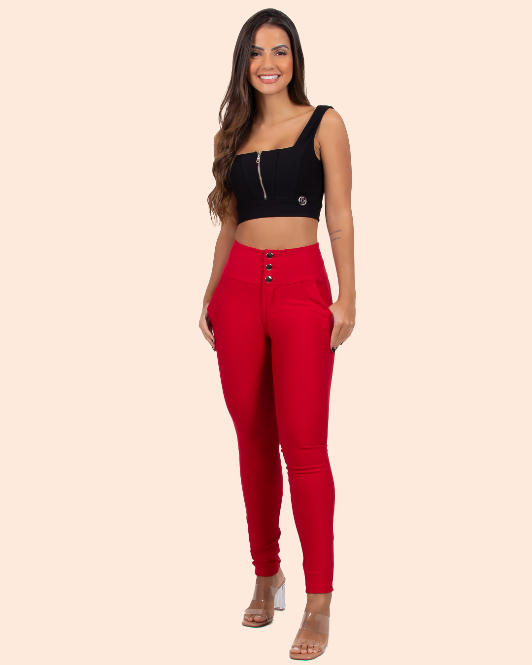 Miss Misses - Miss Misses Pants With Wide Waistband and Buttons Red - 18560VERMELHO