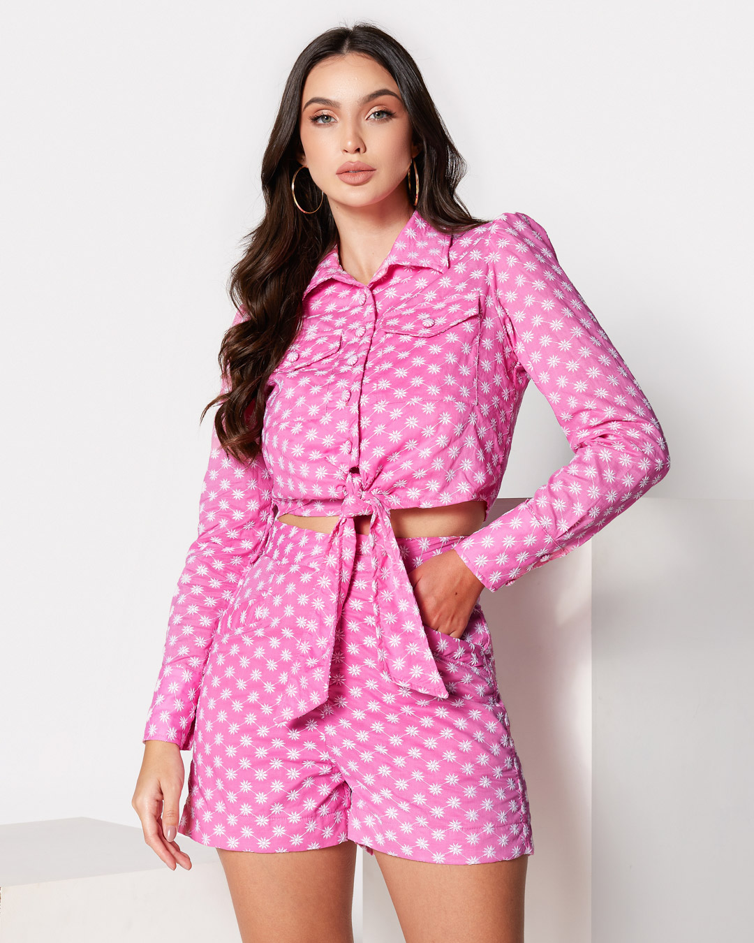 Miss Misses - Miss Misses Cropped Laise Shirt With Pink Pocket - 54075ROSA