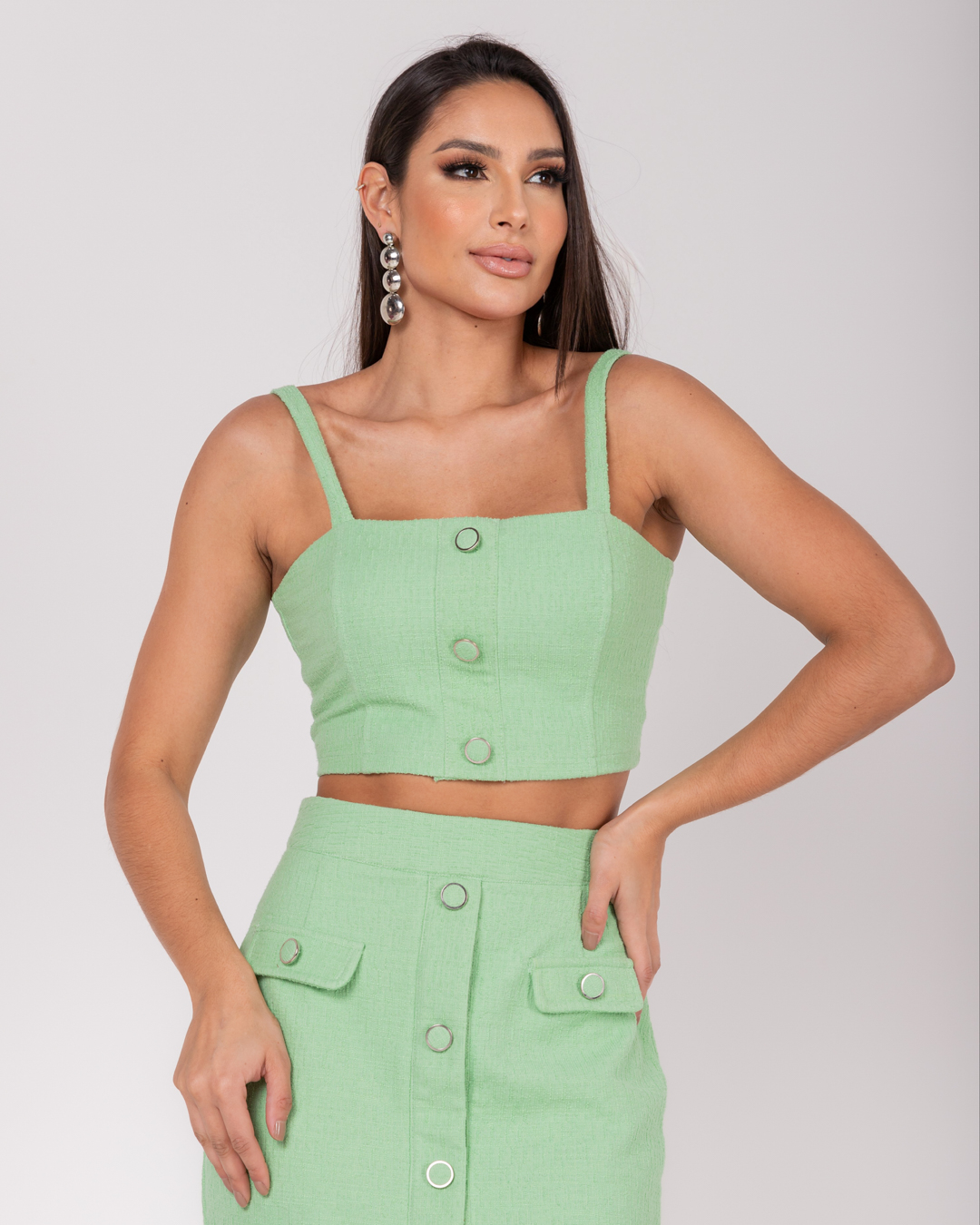 Miss Misses - Cropped Miss Misses Top Tweed Green Button - 54059VERDE