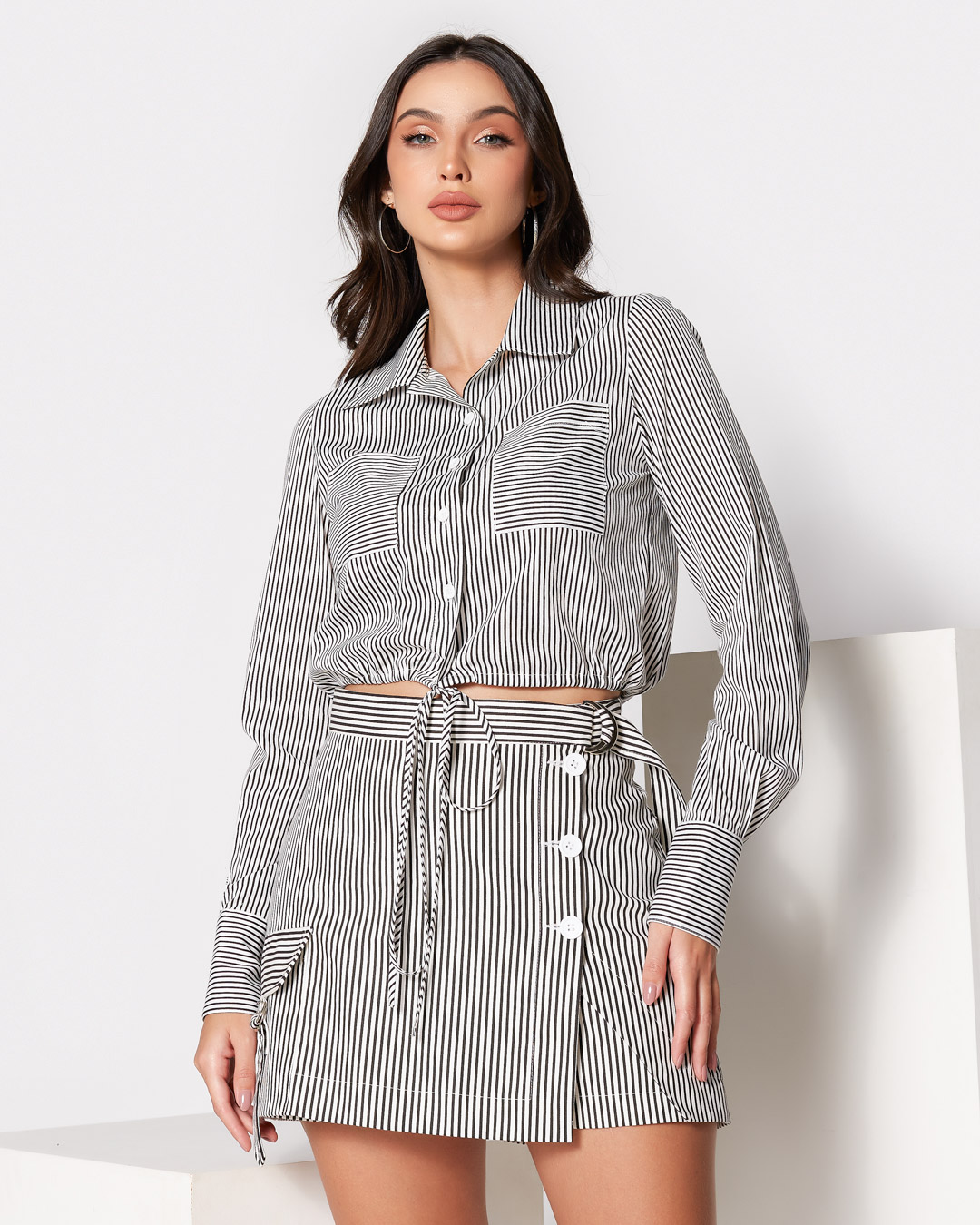 Miss Misses - Miss Misses Striped Cropped Shirt With Pocket Black - 54090PRETO