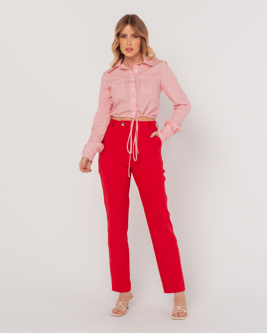 Miss Misses - Camisa Miss Misses Cropped Listrado Com Bolso Rosa - 54090ROSA