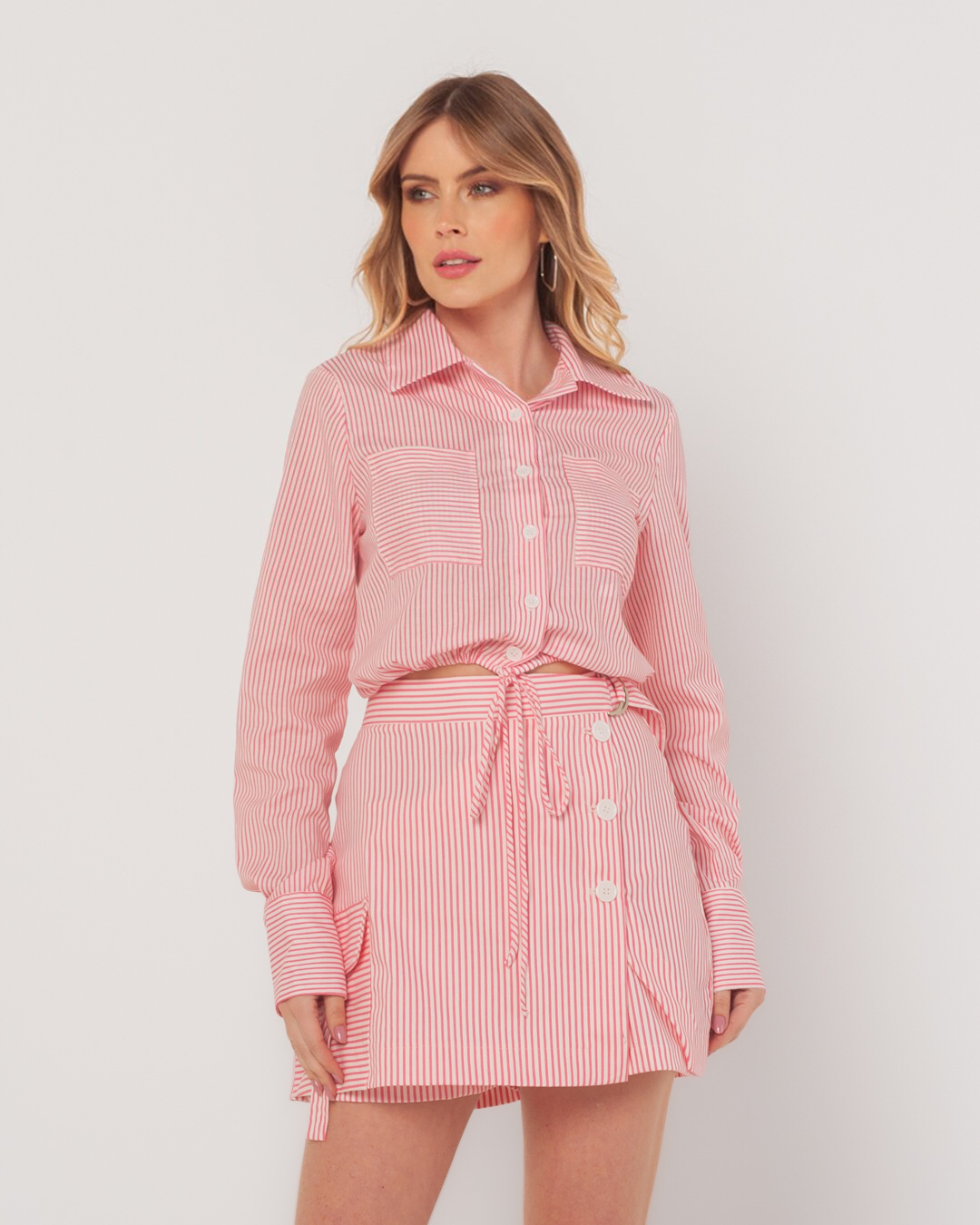 Miss Misses - Miss Misses Striped Cropped Shirt With Pink Pocket - 54090ROSA