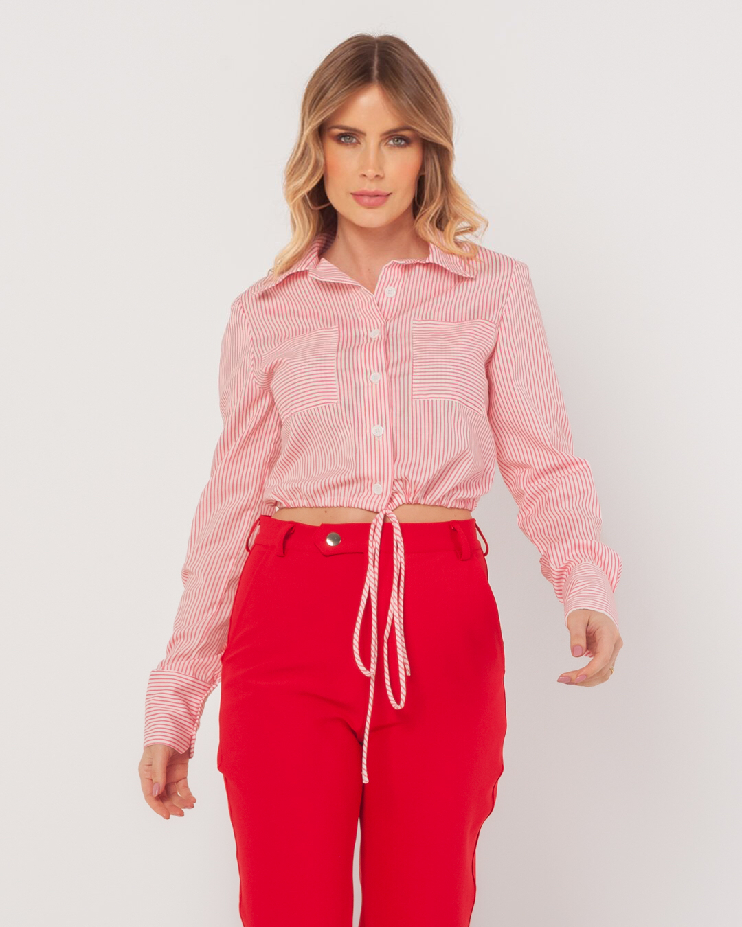 Miss Misses - Miss Misses Striped Cropped Shirt With Pink Pocket - 54090ROSA