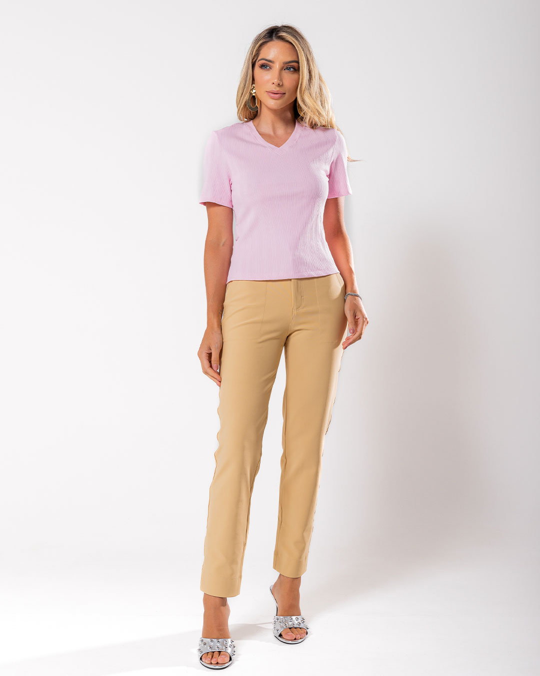 Miss Misses - Miss Misses Ribbed Shirt V Neck Short Sleeve Pink - 54181060