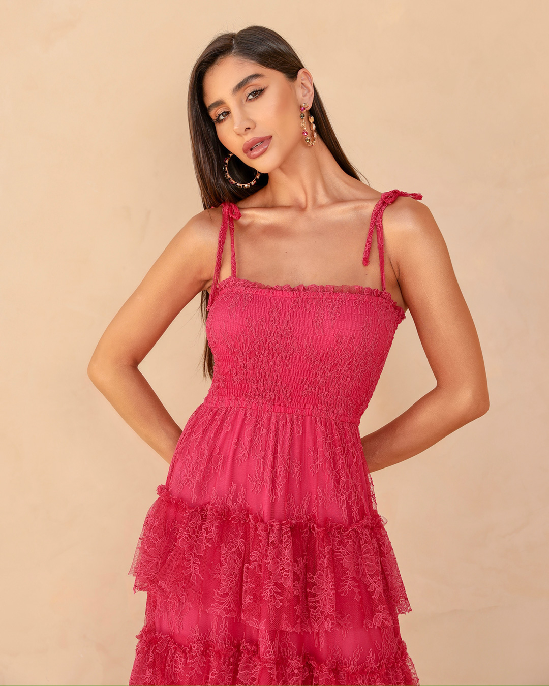 Dot Clothing - Vestido Dot Clothing Longo Camadas e Renda Rosa - 2211ROSA