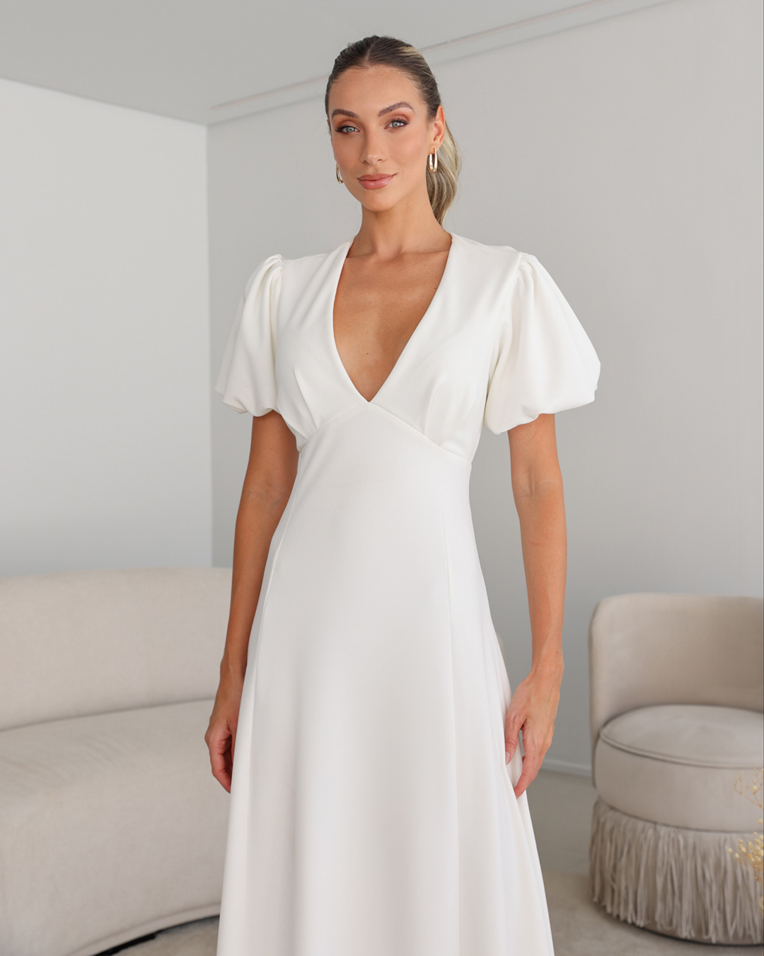 Dot Clothing - Vestido Dot Clothing Longo Manga Offwhite - 2106OFF