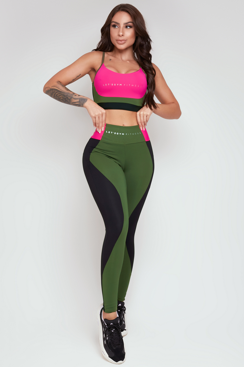 Lets Gym - Elementary Black and Military Green Legging - 2310PTDM