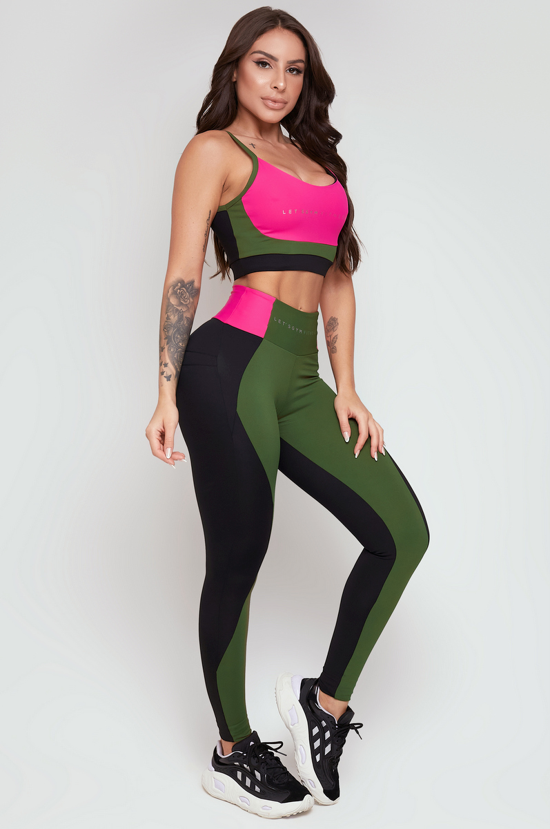 Lets Gym - Elementary Black and Military Green Legging - 2310PTDM