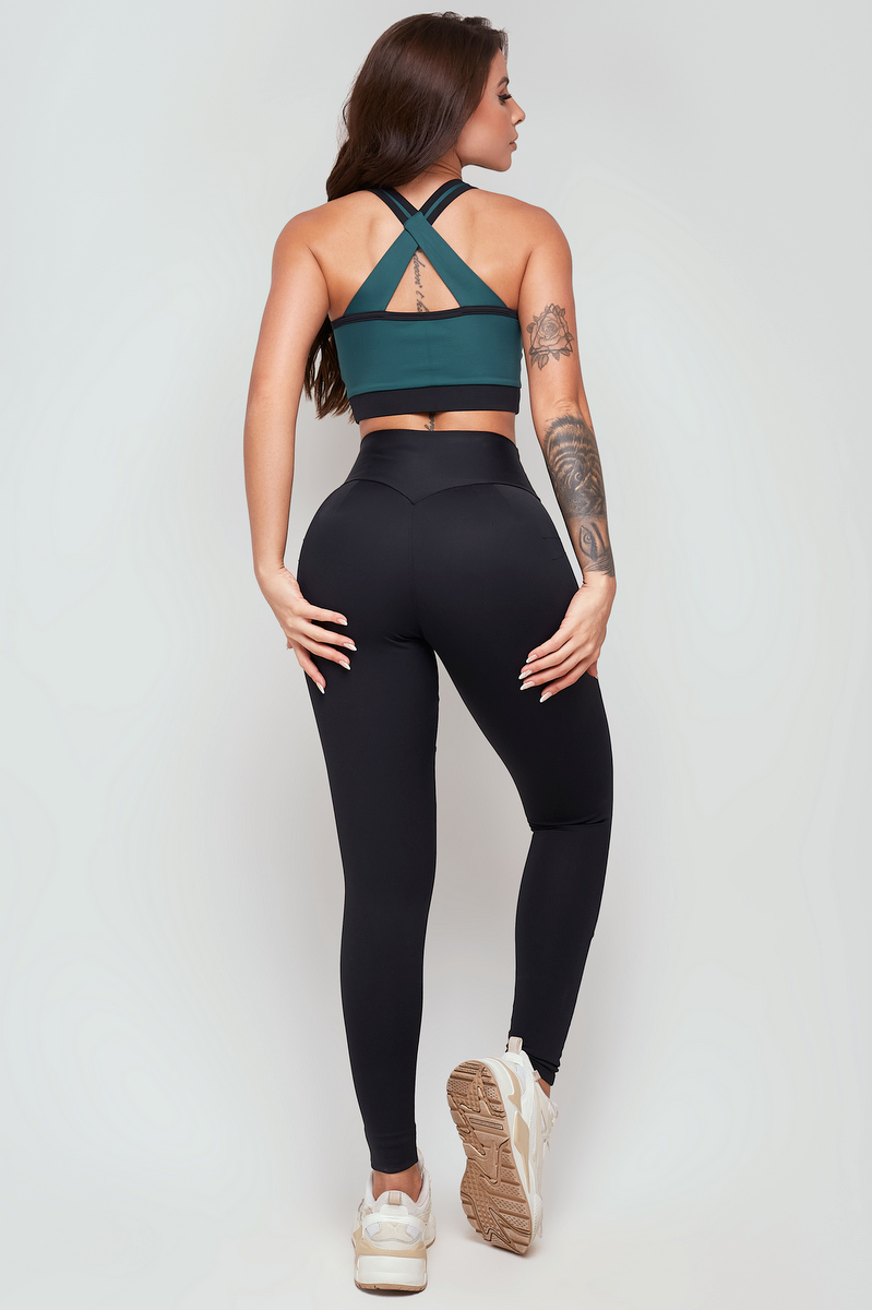 Lets Gym - Black and Emerald Green Rally Leggings - 2352PTVDE