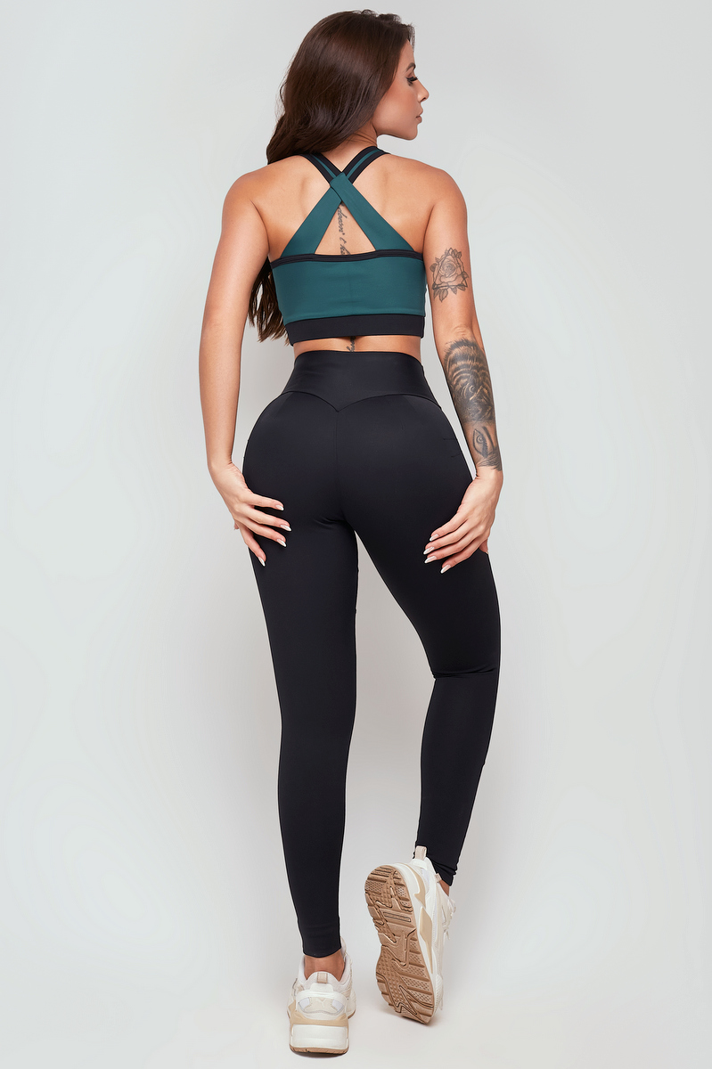 Lets Gym - Legging Rally Preto e Verde Esmeralda - 2352PTVDE