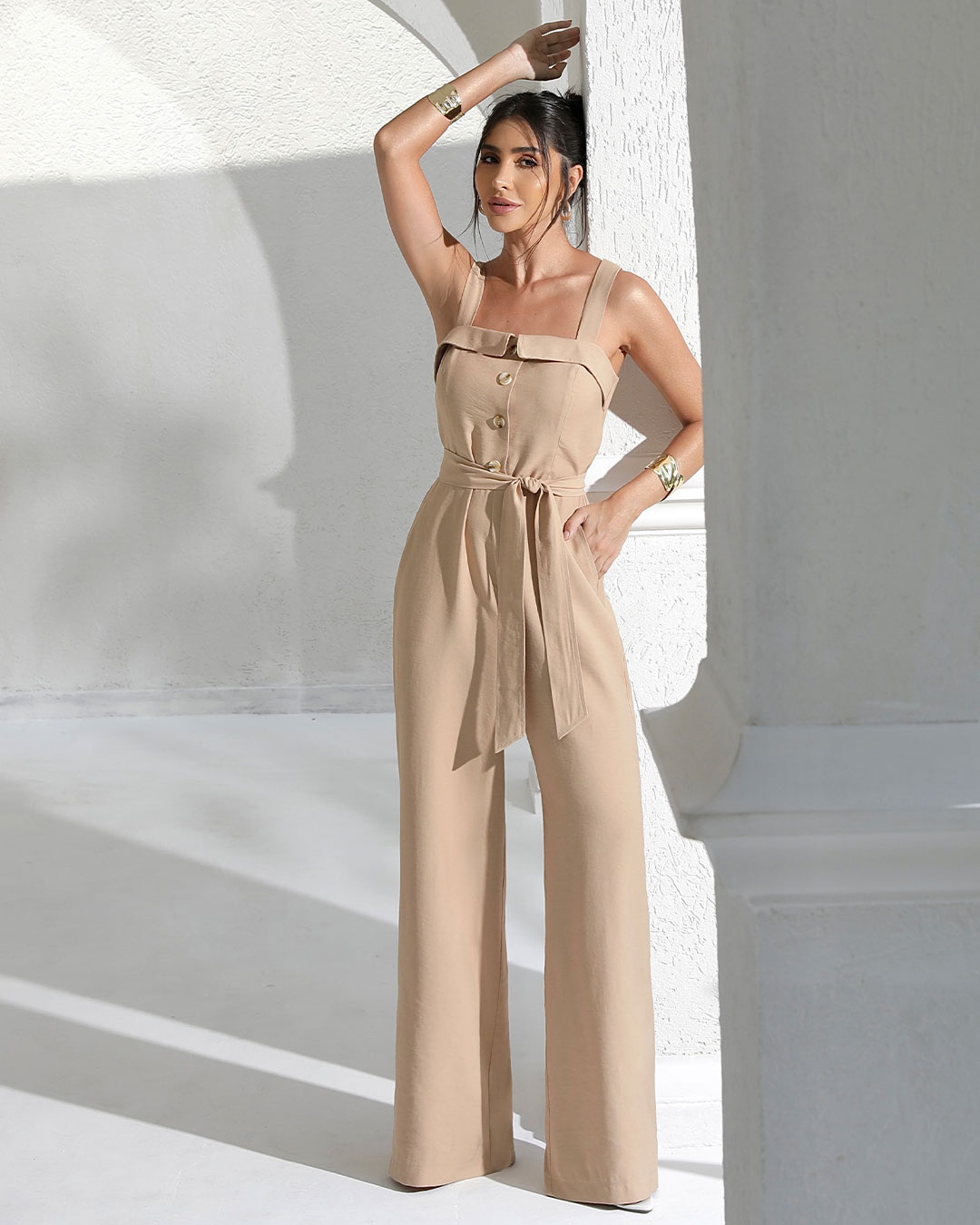 Miss Misses - Miss Misses Jumpsuit with Cross Bust Detail Beige - 54187BEGE