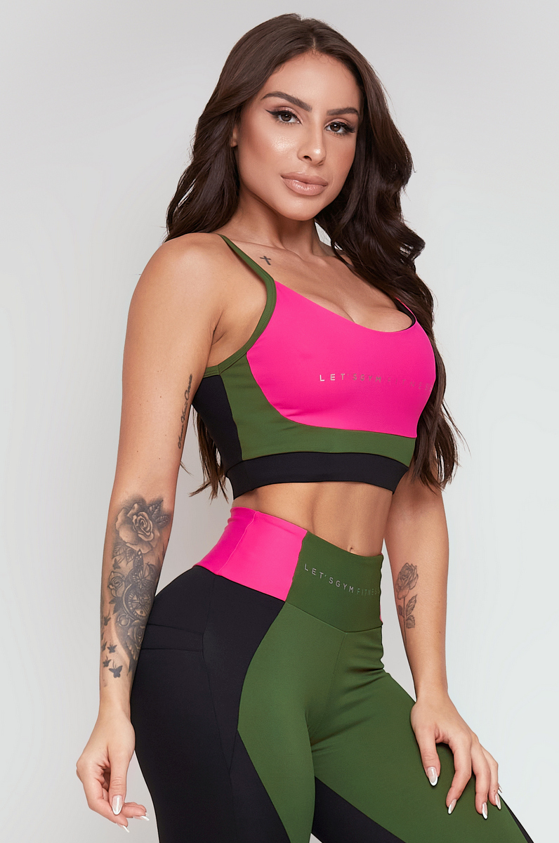 Lets Gym - Top Elementary Preto e Verde Militar - 2309PTVDM