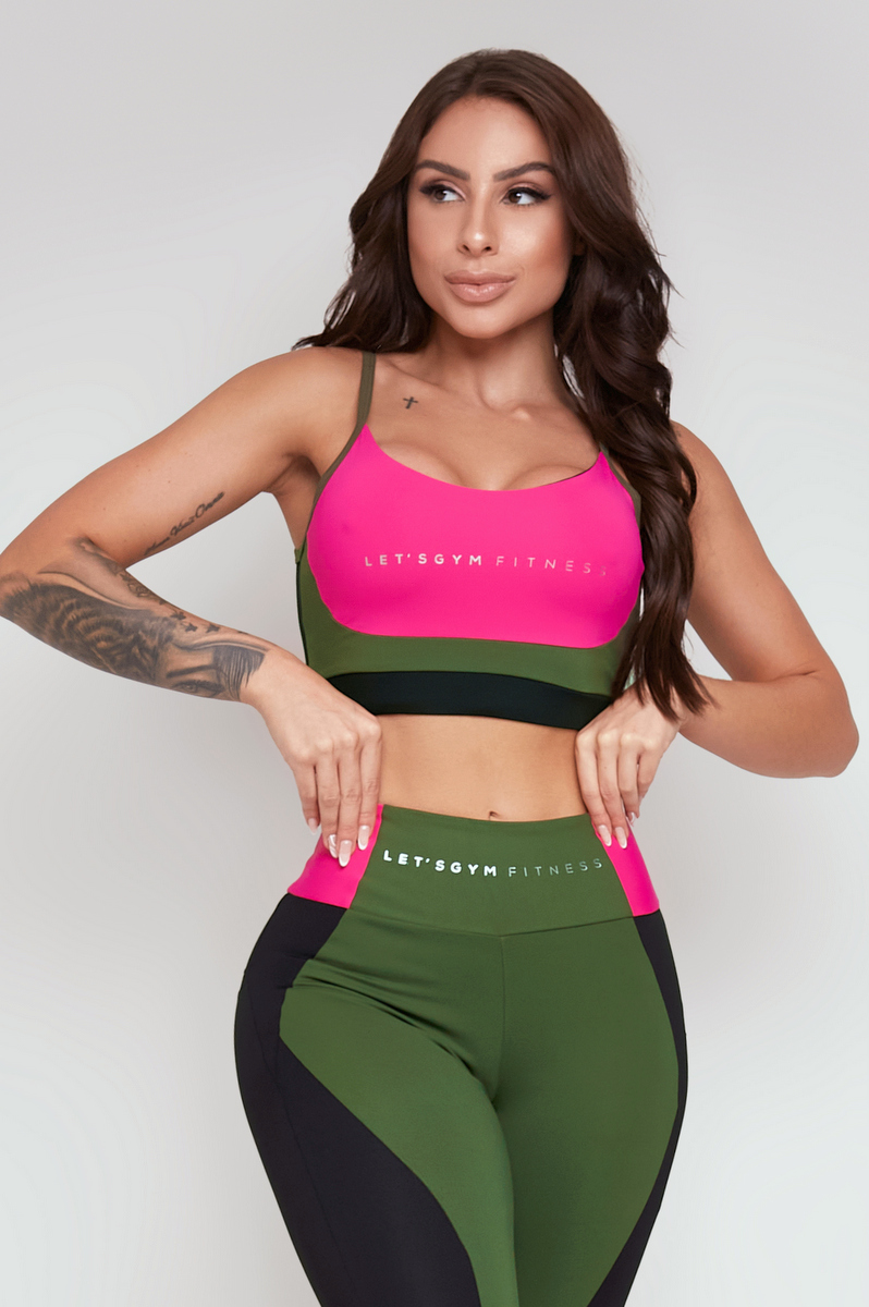 Lets Gym - Top Elementary Preto e Verde Militar - 2309PTVDM