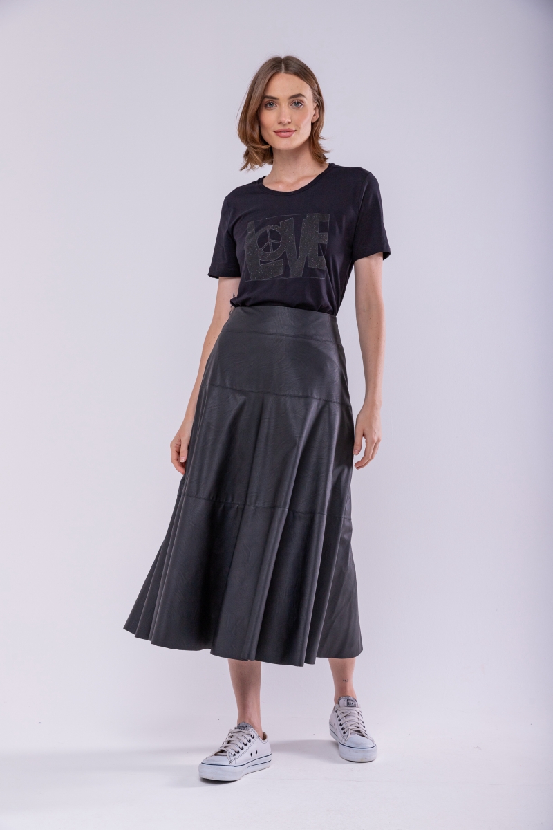 Hidrogênio - BLACK STITCHED EVASE MIDI SKIRT - 19740001