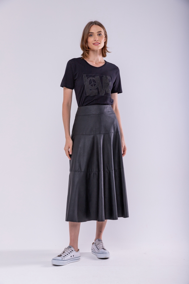 Hidrogênio - BLACK STITCHED EVASE MIDI SKIRT - 19740001