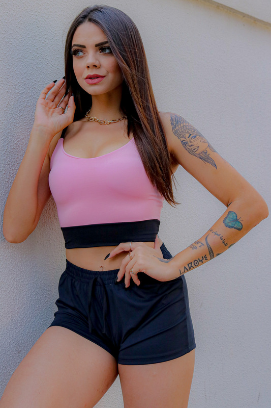 AS8 - Conjunto Cropped + Shorts Rosa com Preto - PS01.2025