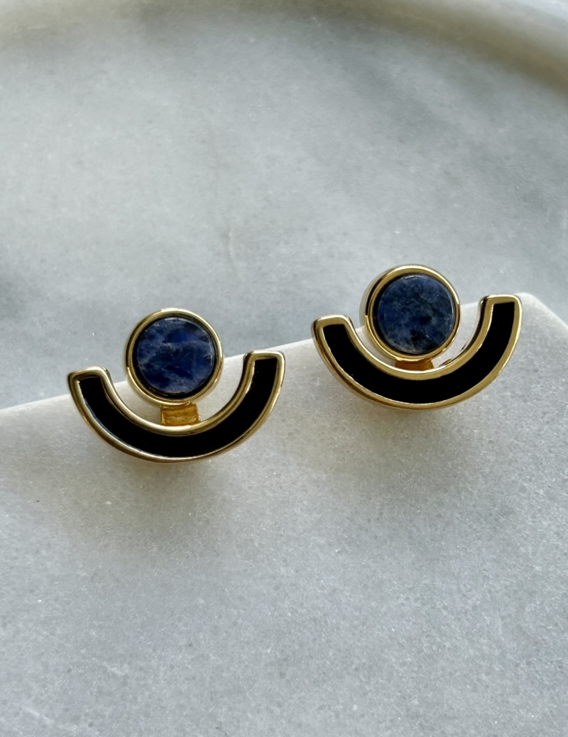 Mikabe - Earring Ear Jacket Semi Circle Enameled Black and Sodalite - MK1717