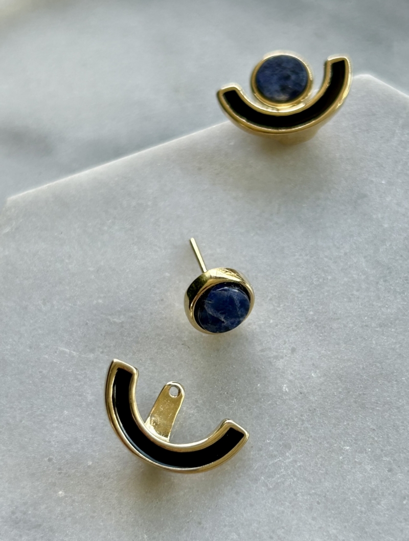 Mikabe - Earring Ear Jacket Semi Circle Enameled Black and Sodalite - MK1717