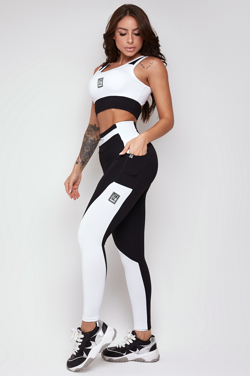 Lets Gym - Black and White Split Legging - 2257PTBR